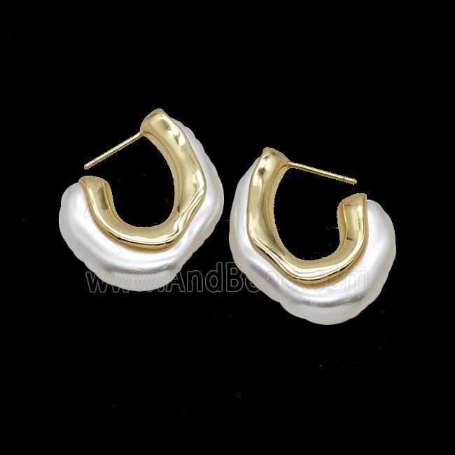 Copper C Stud Earrings Pave Pearlized Resin Gold Plated