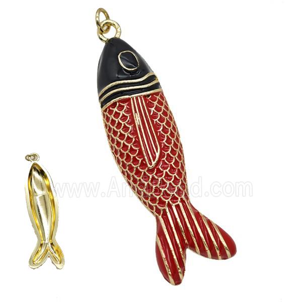 Copper Fish Pendant Red Black Enamel Gold Plated