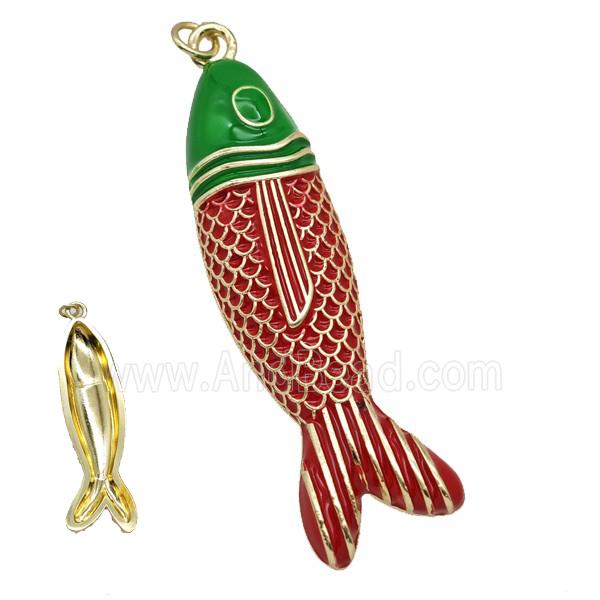 Copper Fish Pendant Red Green Enamel Gold Plated