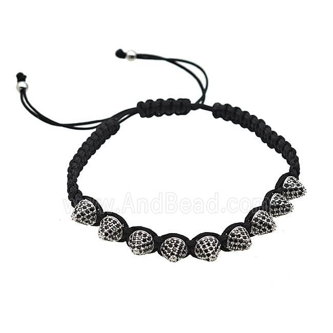 Black Nylon Braided Bracelet With Copper Spike Studs Pave Zirconia Adjustable