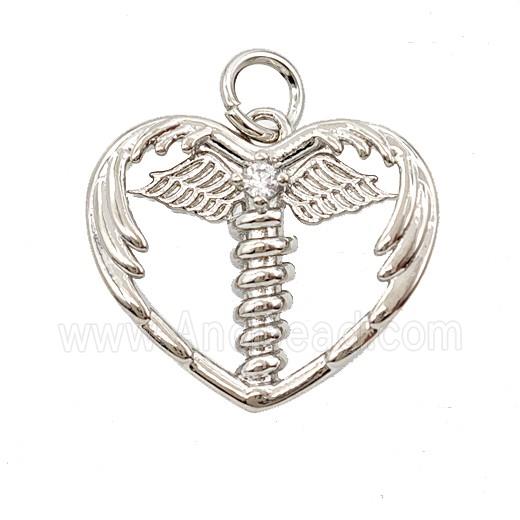 Copper Heart Wings Pendant Pave Zirconia Platinum Plated