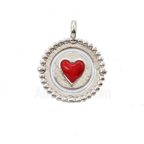 Copper Heart Pendant Red Enamel Circle Platinum Plated