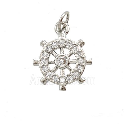 Copper Shipwheel Pendant Pave Zirconia Platinum Plated
