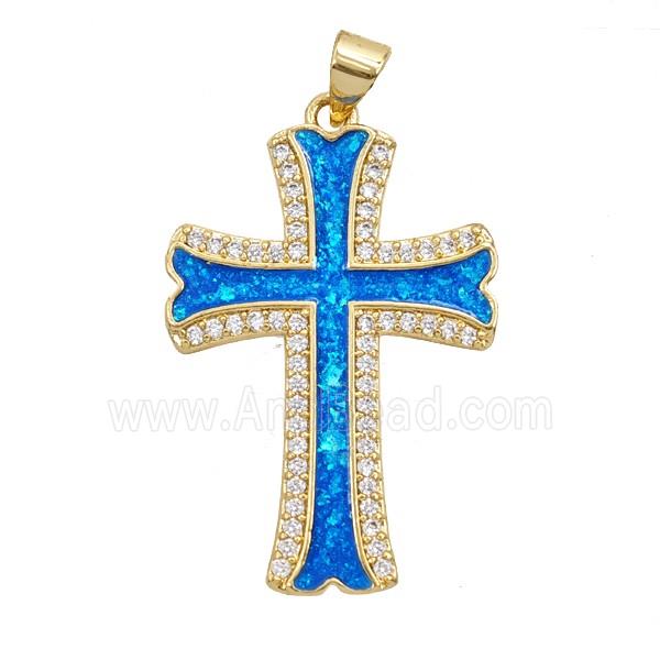 Copper Cross Pendant Pave Zirconia Blue FireOpal 18K Gold Plated