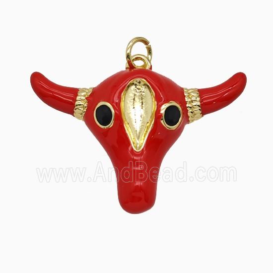Copper Bull-Head Pendant Red Enamel Gold Plated
