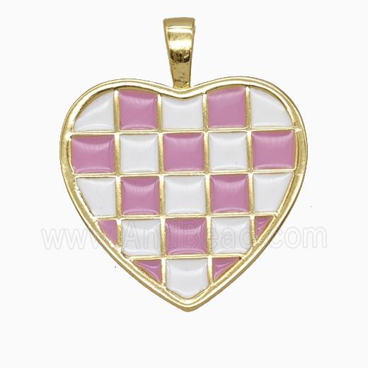 Copper Heart Pendant Pink White Enamel Checkerboard Grid Gold Plated