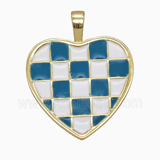 Copper Heart Pendant Blue White Enamel Checkerboard Grid Gold Plated