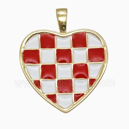 Copper Heart Pendant Red White Enamel Checkerboard Grid Gold Plated