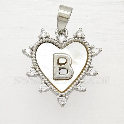 Copper Letter-B Heart Pendant Pave Zirconia Shell Platinum Plated