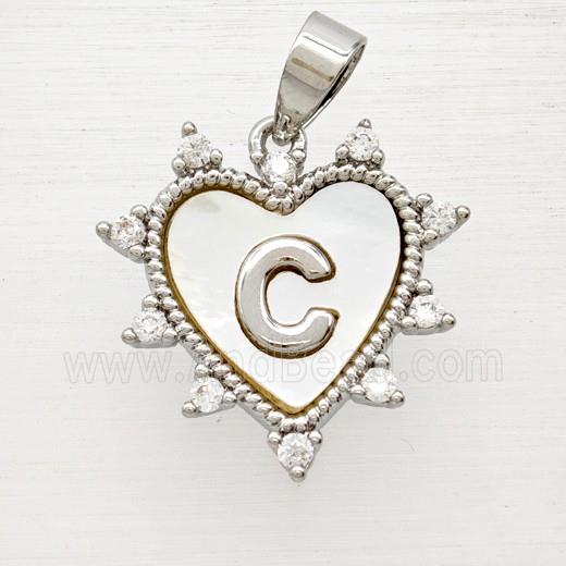 Copper Letter-C Heart Pendant Pave Zirconia Shell Platinum Plated