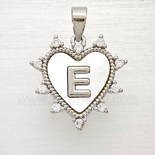 Copper Letter-E Heart Pendant Pave Zirconia Shell Platinum Plated