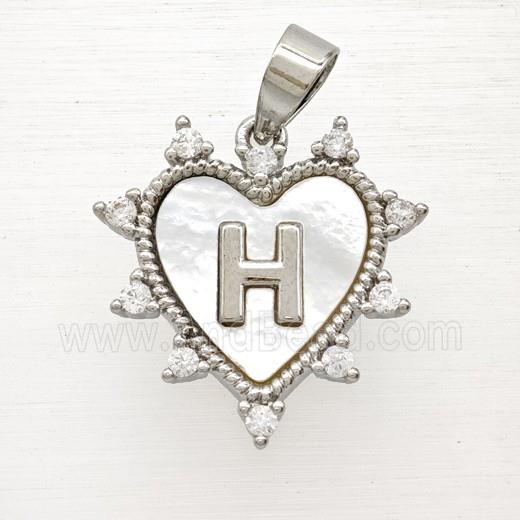 Copper Letter-H Heart Pendant Pave Zirconia Shell Platinum Plated