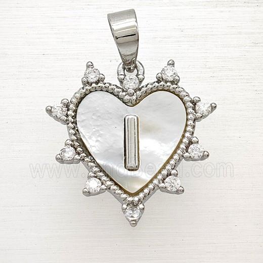 Copper Letter-I Heart Pendant Pave Zirconia Shell Platinum Plated