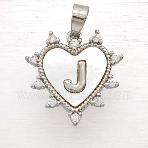 Copper Letter-J Heart Pendant Pave Zirconia Shell Platinum Plated