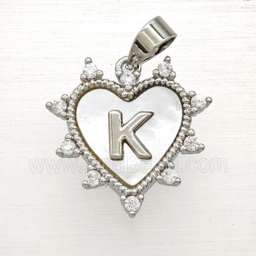 Copper Letter-K Heart Pendant Pave Zirconia Shell Platinum Plated