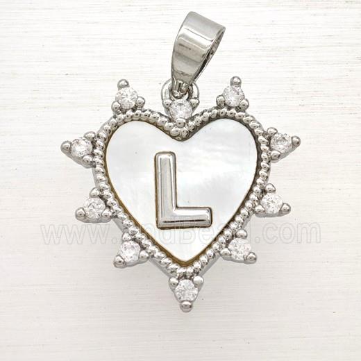 Copper Letter-L Heart Pendant Pave Zirconia Shell Platinum Plated