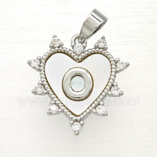Copper Letter-O Heart Pendant Pave Zirconia Shell Platinum Plated