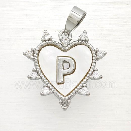 Copper Letter-P Heart Pendant Pave Zirconia Shell Platinum Plated