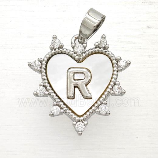 Copper Letter-R Heart Pendant Pave Zirconia Shell Platinum Plated