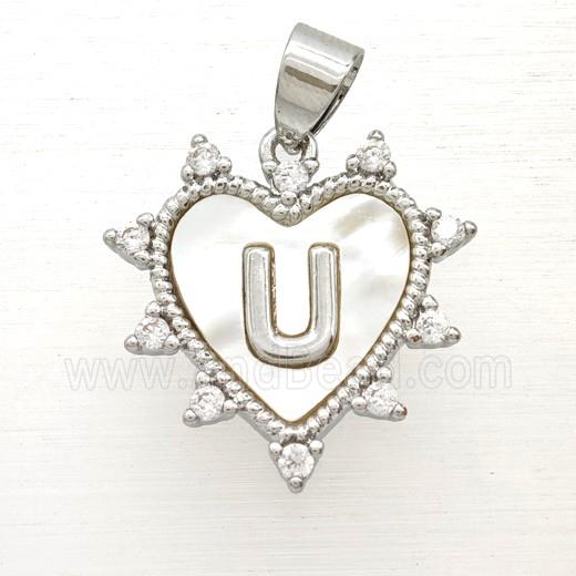 Copper Letter-U Heart Pendant Pave Zirconia Shell Platinum Plated