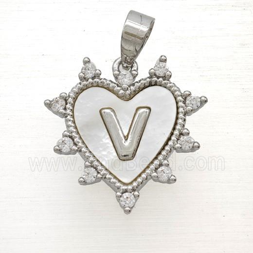 Copper Letter-V Heart Pendant Pave Zirconia Shell Platinum Plated