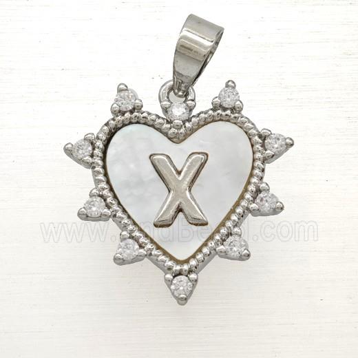 Copper Letter-X Heart Pendant Pave Zirconia Shell Platinum Plated