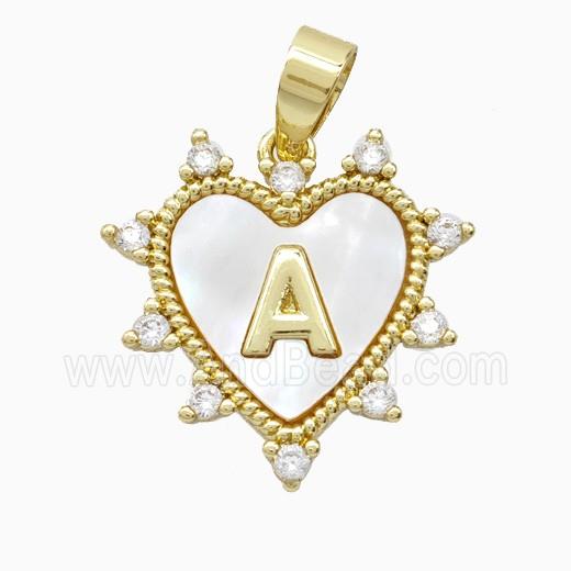 Copper Letter-A Heart Pendant Pave Zirconia Shell Gold Plated