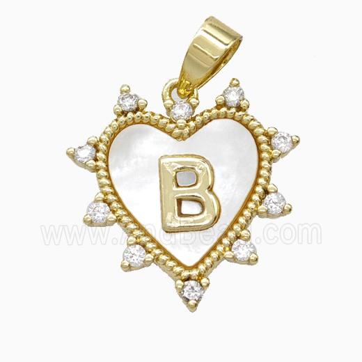 Copper Letter-B Heart Pendant Pave Zirconia Shell Gold Plated