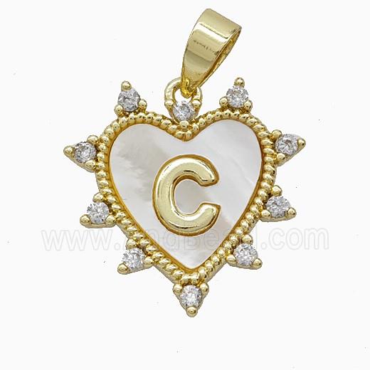 Copper Letter-C Heart Pendant Pave Zirconia Shell Gold Plated