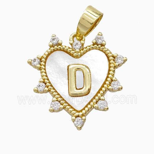 Copper Letter-D Heart Pendant Pave Zirconia Shell Gold Plated