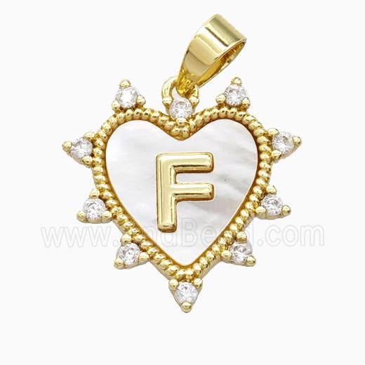 Copper Letter-F Heart Pendant Pave Zirconia Shell Gold Plated
