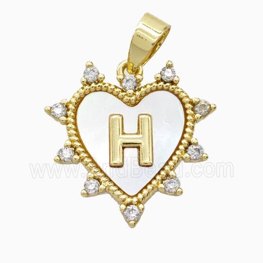 Copper Letter-H Heart Pendant Pave Zirconia Shell Gold Plated