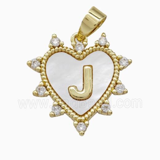 Copper Letter-J Heart Pendant Pave Zirconia Shell Gold Plated