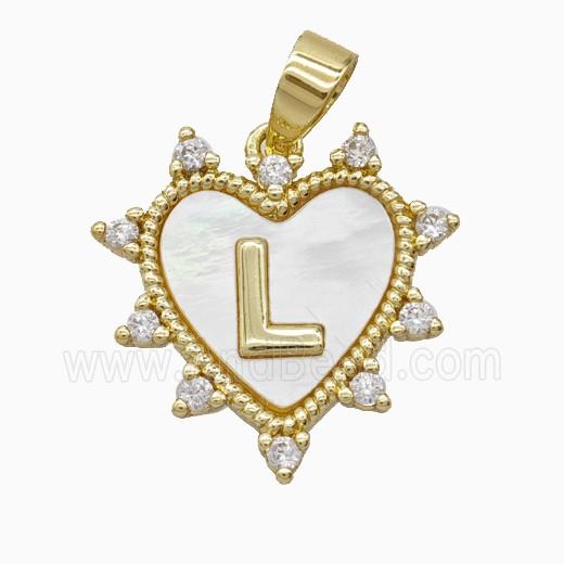 Copper Letter-L Heart Pendant Pave Zirconia Shell Gold Plated