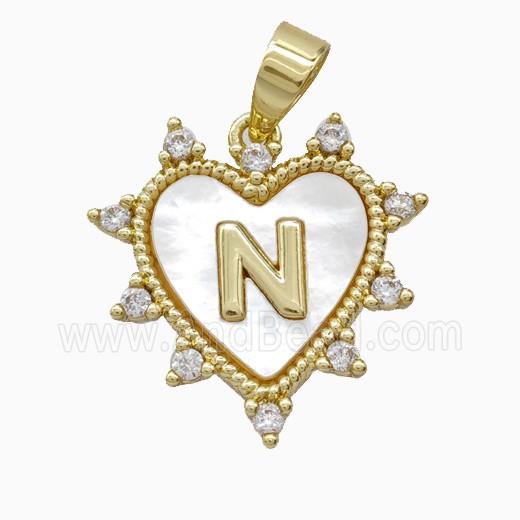Copper Letter-N Heart Pendant Pave Zirconia Shell Gold Plated