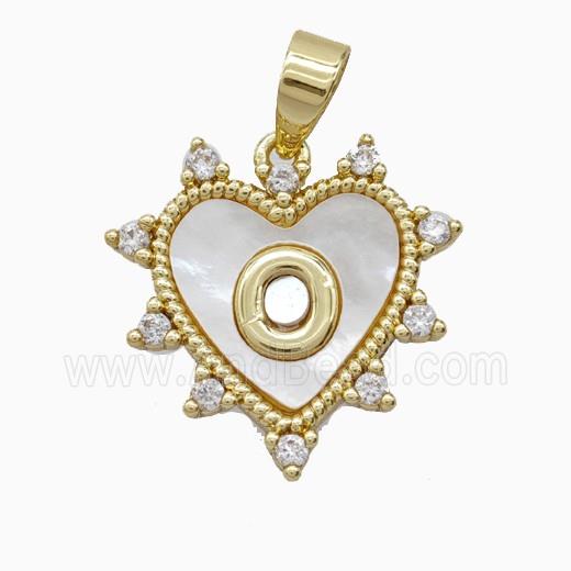 Copper Letter-O Heart Pendant Pave Zirconia Shell Gold Plated