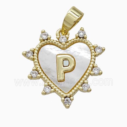 Copper Letter-P Heart Pendant Pave Zirconia Shell Gold Plated