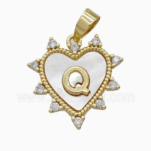 Copper Letter-Q Heart Pendant Pave Zirconia Shell Gold Plated