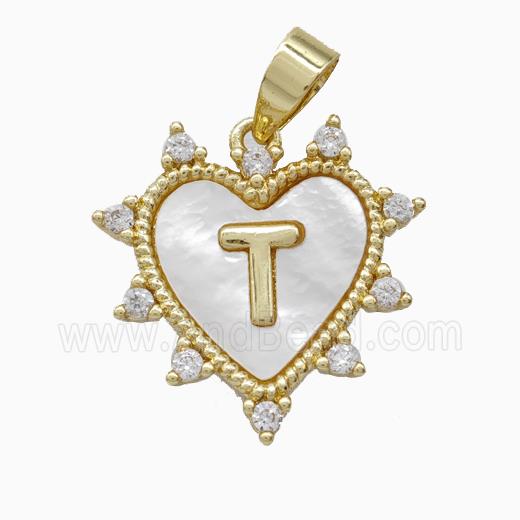 Copper Letter-T Heart Pendant Pave Zirconia Shell Gold Plated