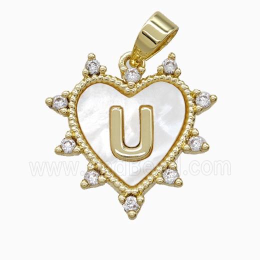 Copper Letter-U Heart Pendant Pave Zirconia Shell Gold Plated