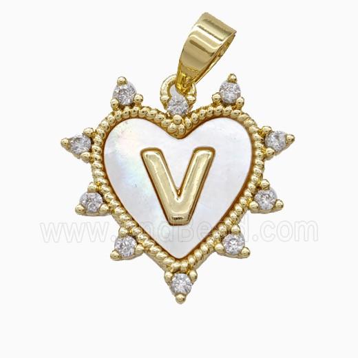 Copper Letter-V Heart Pendant Pave Zirconia Shell Gold Plated