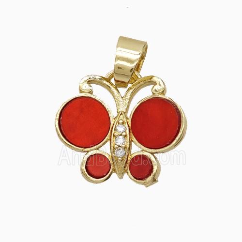 Copper Butterfly Pendant Pave Black Red Shell Gold Plated