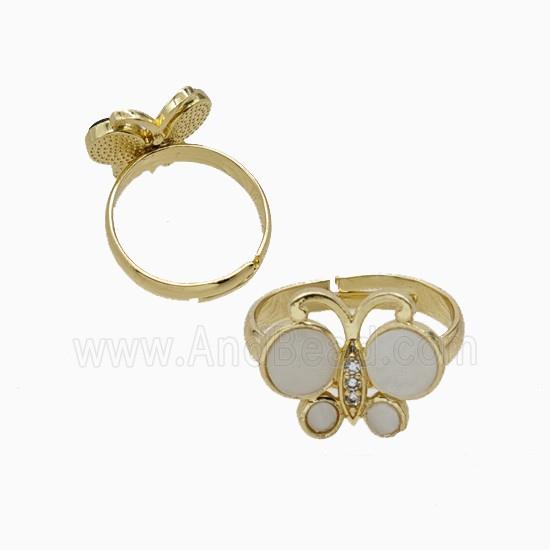 Copper Butterfly Ring Pave White Shell Adjustable Gold Plated