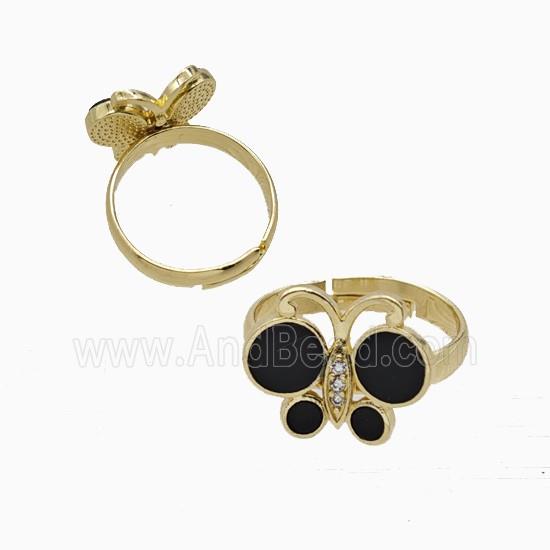 Copper Butterfly Ring Pave Black Shell Adjustable Gold Plated
