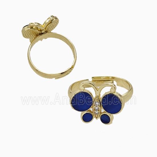 Copper Butterfly Ring Pave Royalblue Shell Adjustable Gold Plated