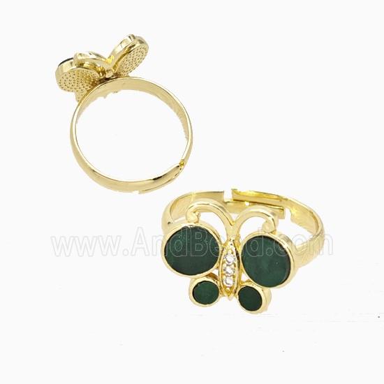 Copper Butterfly Ring Pave Green Shell Adjustable Gold Plated