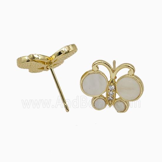 Copper Butterfly Stud Earrings Pave White Shell Gold Plated