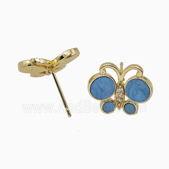 Copper Butterfly Stud Earrings Pave Blue Shell Gold Plated