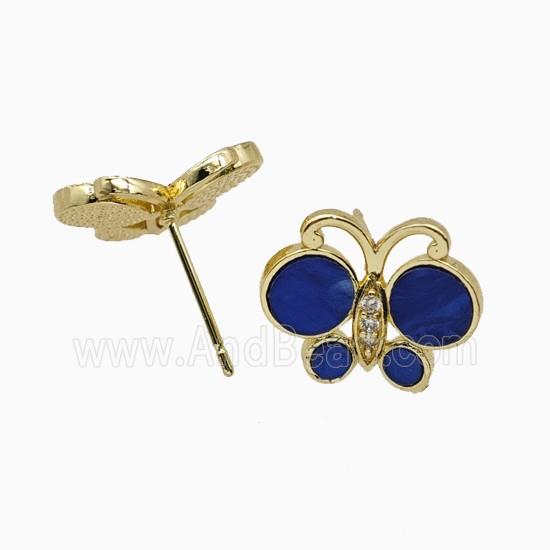 Copper Butterfly Stud Earrings Pave Royalblue Shell Gold Plated