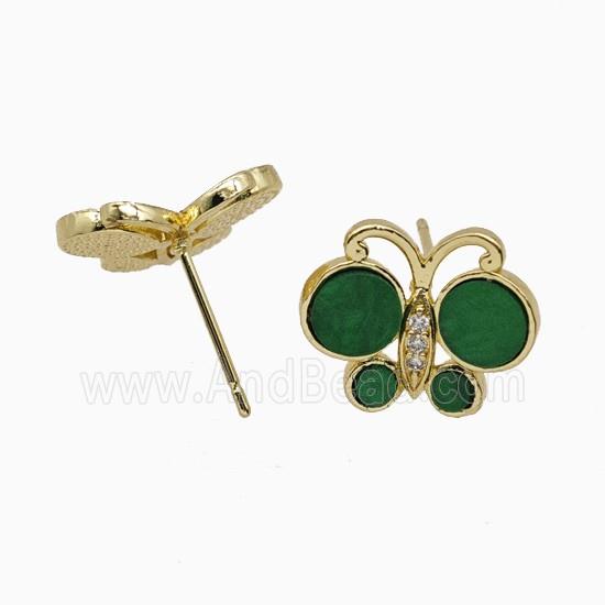 Copper Butterfly Stud Earrings Pave Green Shell Gold Plated